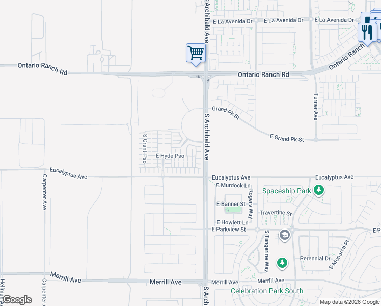 map of restaurants, bars, coffee shops, grocery stores, and more near 4511 South Patterson Paseo in Ontario