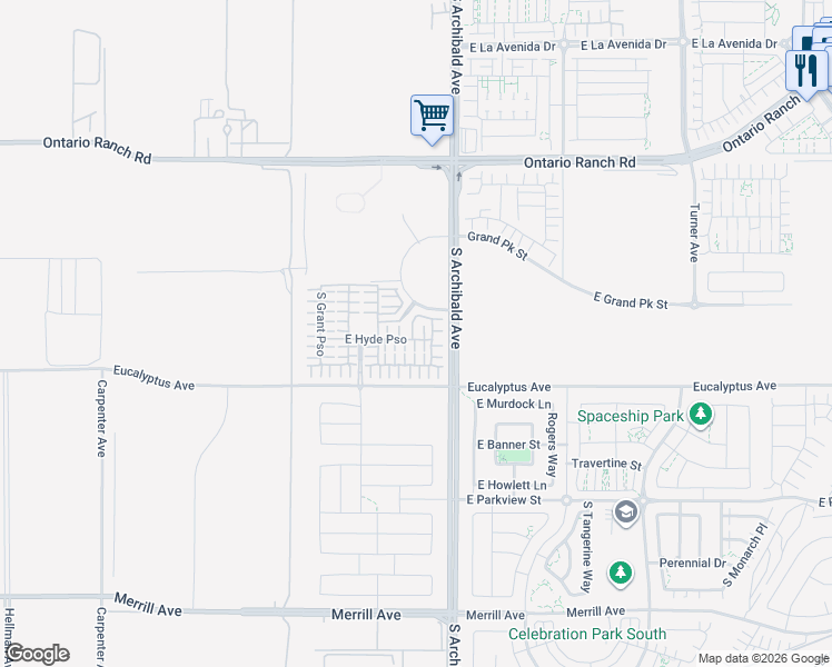 map of restaurants, bars, coffee shops, grocery stores, and more near 14516 South Archibald Avenue in Ontario