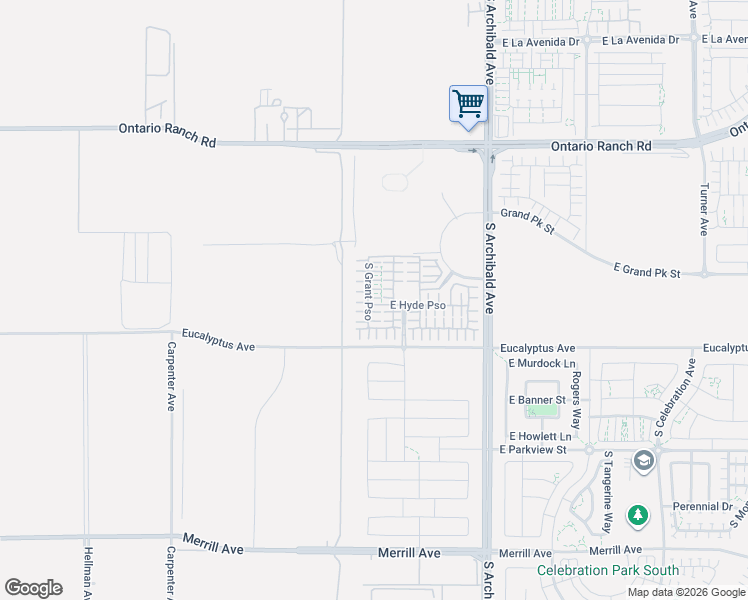 map of restaurants, bars, coffee shops, grocery stores, and more near 9391 Eucalyptus Avenue in Ontario