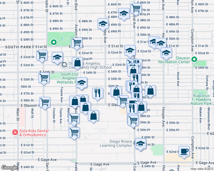 map of restaurants, bars, coffee shops, grocery stores, and more near 927 56th Street in Los Angeles