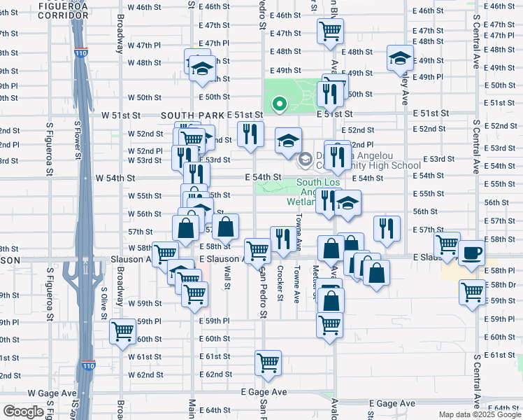 map of restaurants, bars, coffee shops, grocery stores, and more near 333 East 56th Street in Los Angeles