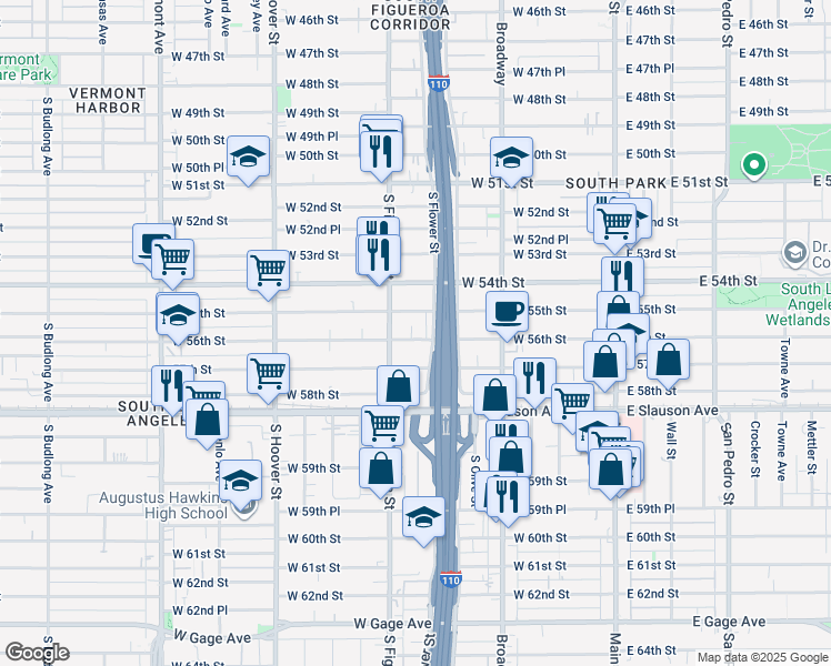 map of restaurants, bars, coffee shops, grocery stores, and more near 419 West 56th Street in Los Angeles