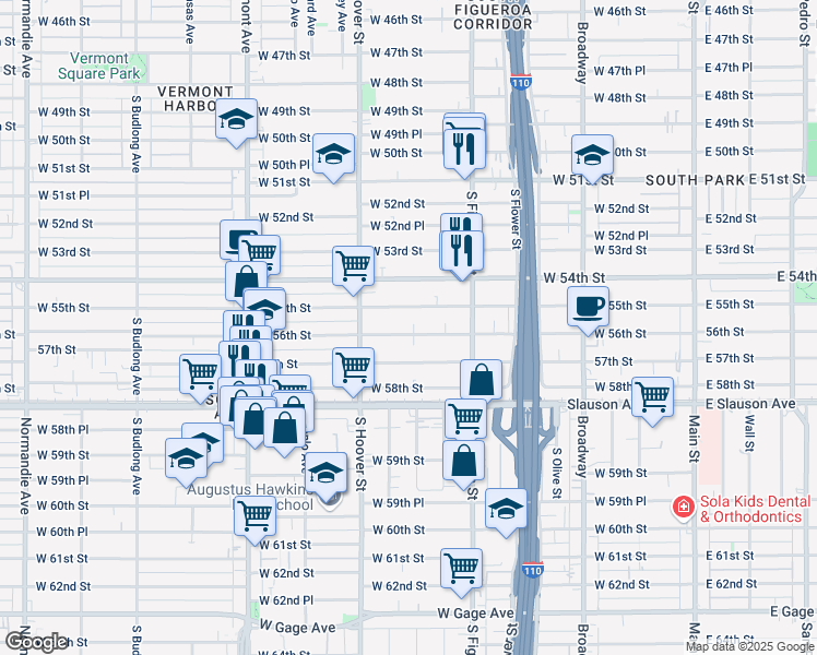map of restaurants, bars, coffee shops, grocery stores, and more near 637 West 56th Street in Los Angeles