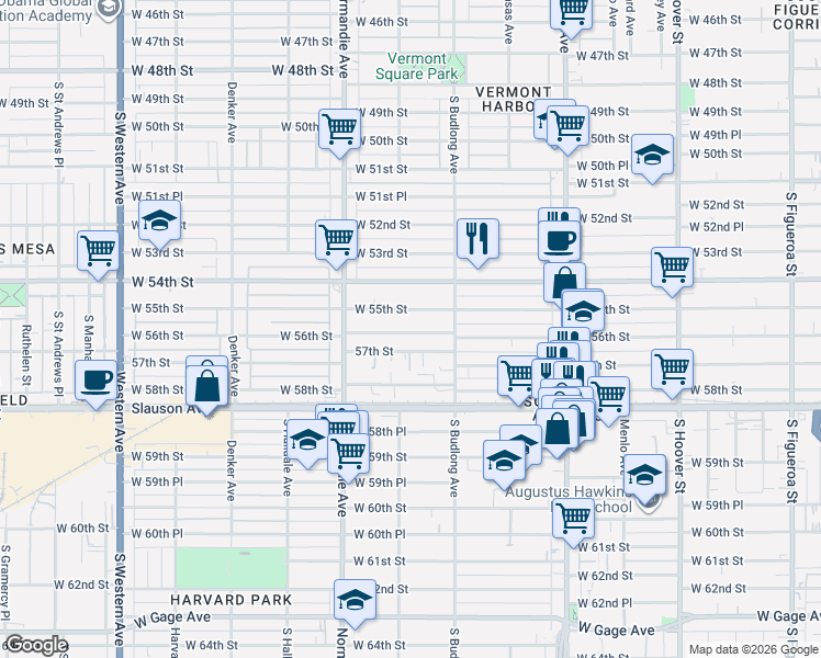 map of restaurants, bars, coffee shops, grocery stores, and more near 1244 West 56th Street in Los Angeles