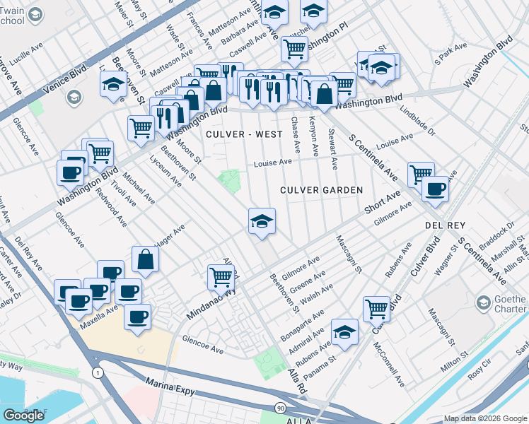 map of restaurants, bars, coffee shops, grocery stores, and more near 4284 Moore Street in Los Angeles