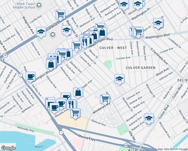 map of restaurants, bars, coffee shops, grocery stores, and more near 4143 Alla Road in Los Angeles