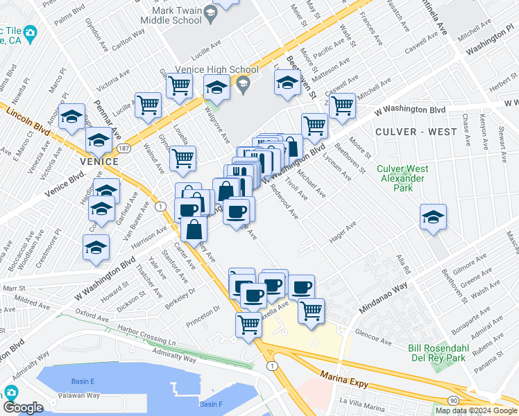 map of restaurants, bars, coffee shops, grocery stores, and more near 13352 Beach Avenue in Marina del Rey