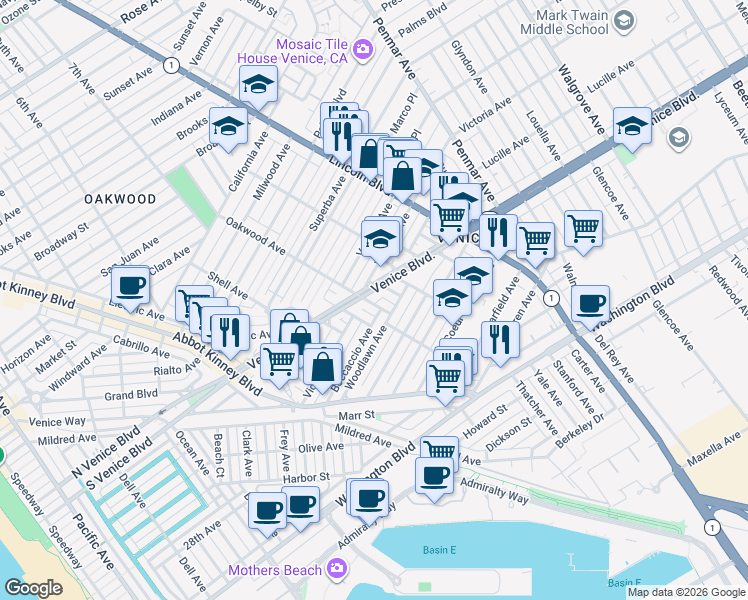 map of restaurants, bars, coffee shops, grocery stores, and more near 2302 Oakwood Avenue in Los Angeles