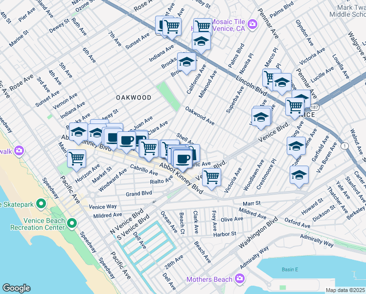 map of restaurants, bars, coffee shops, grocery stores, and more near 646 Palms Boulevard in Los Angeles