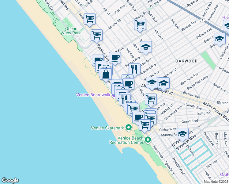map of restaurants, bars, coffee shops, grocery stores, and more near 719 Ocean Front Walk in Los Angeles