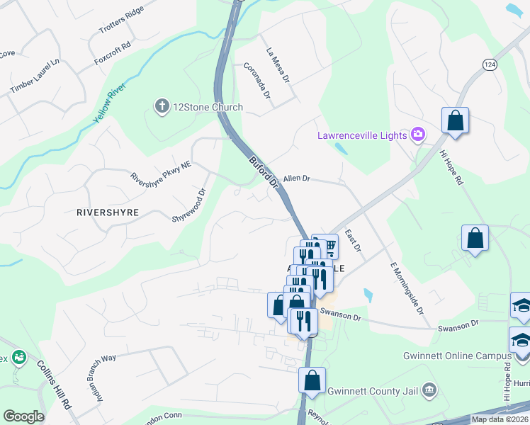 map of restaurants, bars, coffee shops, grocery stores, and more near 750 Victoria Station Boulevard Northeast in Lawrenceville