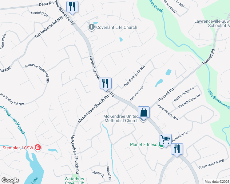 map of restaurants, bars, coffee shops, grocery stores, and more near 1685 Lawrenceville-Suwanee Road in Lawrenceville