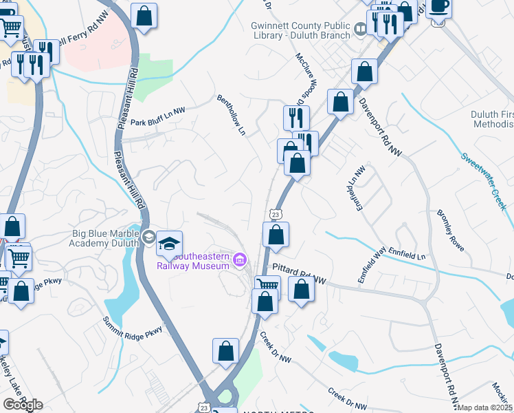 map of restaurants, bars, coffee shops, grocery stores, and more near 3381 Grovewood Lane in Duluth