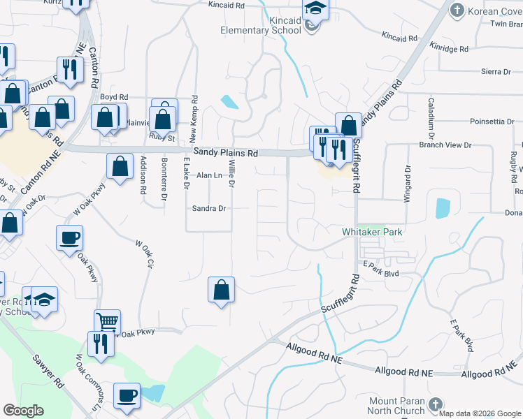 map of restaurants, bars, coffee shops, grocery stores, and more near 1320 Pinebreeze Court in Marietta