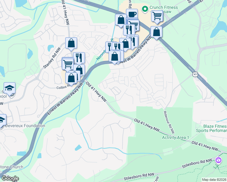 map of restaurants, bars, coffee shops, grocery stores, and more near 1532 Endurance Hill Drive Northwest in Kennesaw