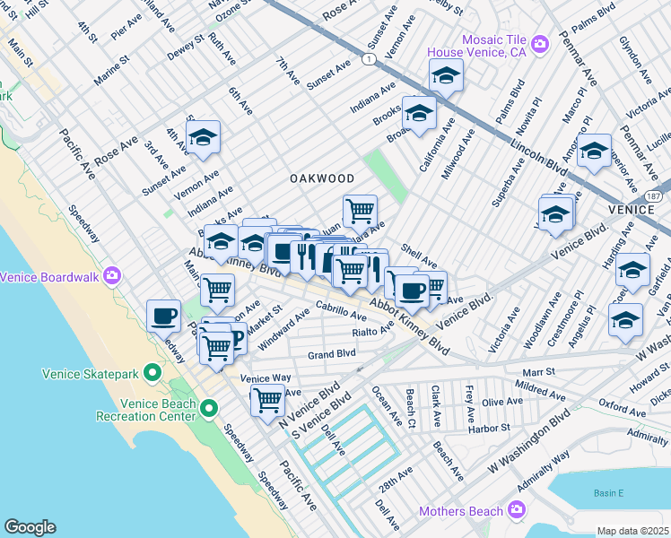 map of restaurants, bars, coffee shops, grocery stores, and more near 1322 Electric Avenue in Los Angeles