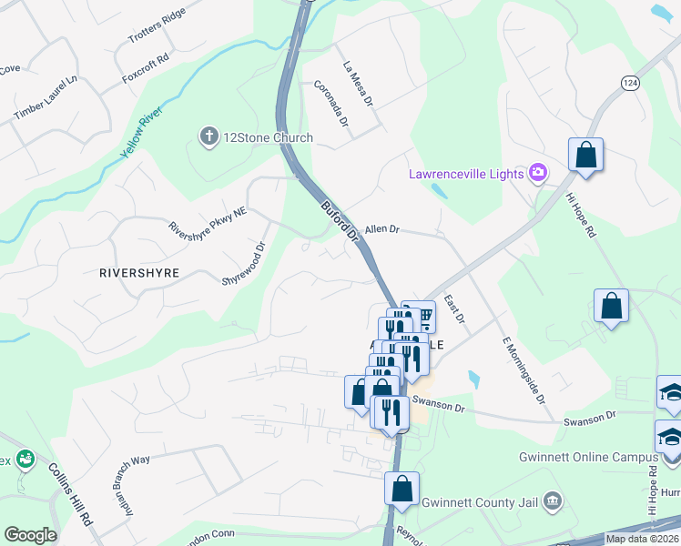 map of restaurants, bars, coffee shops, grocery stores, and more near 750 Victoria Station Boulevard Northeast in Lawrenceville