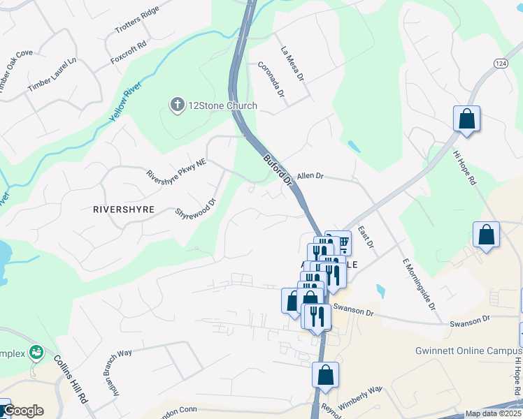 map of restaurants, bars, coffee shops, grocery stores, and more near 710 Victoria Station Boulevard Northeast in Lawrenceville