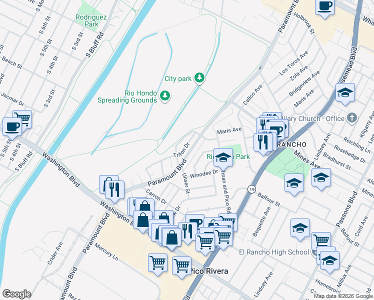 map of restaurants, bars, coffee shops, grocery stores, and more near 6342 Paramount Boulevard in Pico Rivera