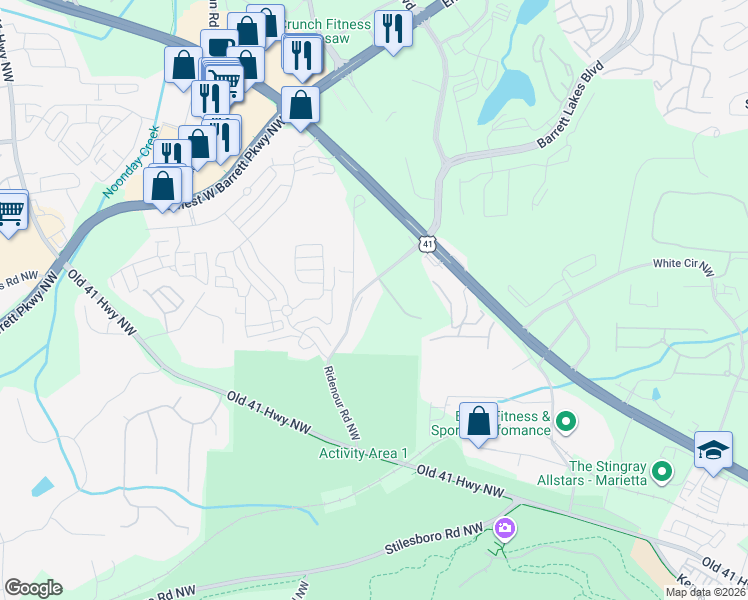 map of restaurants, bars, coffee shops, grocery stores, and more near 1604 Greers Chapel Road Northwest in Kennesaw