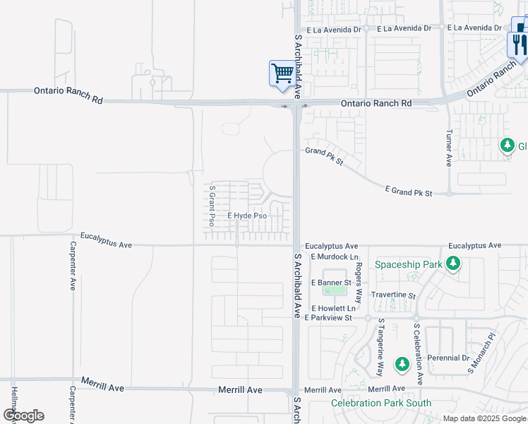 map of restaurants, bars, coffee shops, grocery stores, and more near 2563 East Hyde Paseo in Ontario