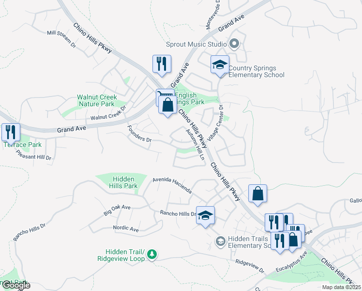 map of restaurants, bars, coffee shops, grocery stores, and more near 2207 Hedgerow Lane in Chino Hills