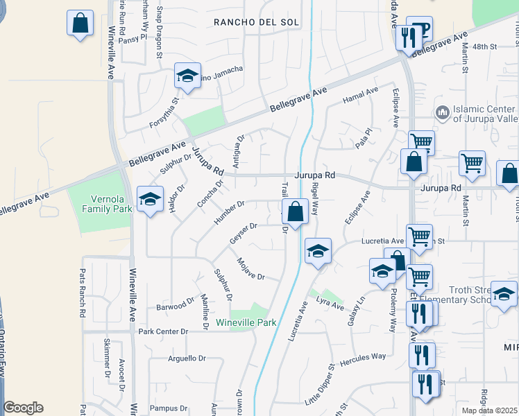 map of restaurants, bars, coffee shops, grocery stores, and more near 11428 Humber Drive in Jurupa Valley