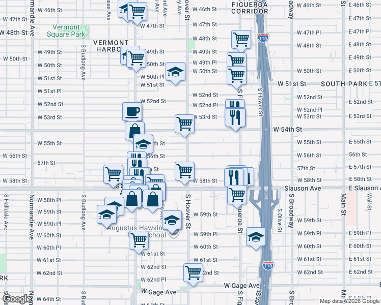 map of restaurants, bars, coffee shops, grocery stores, and more near 739 West 56th Street in Los Angeles