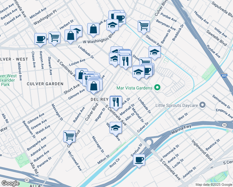 map of restaurants, bars, coffee shops, grocery stores, and more near 4632 Marshall Drive in Culver City