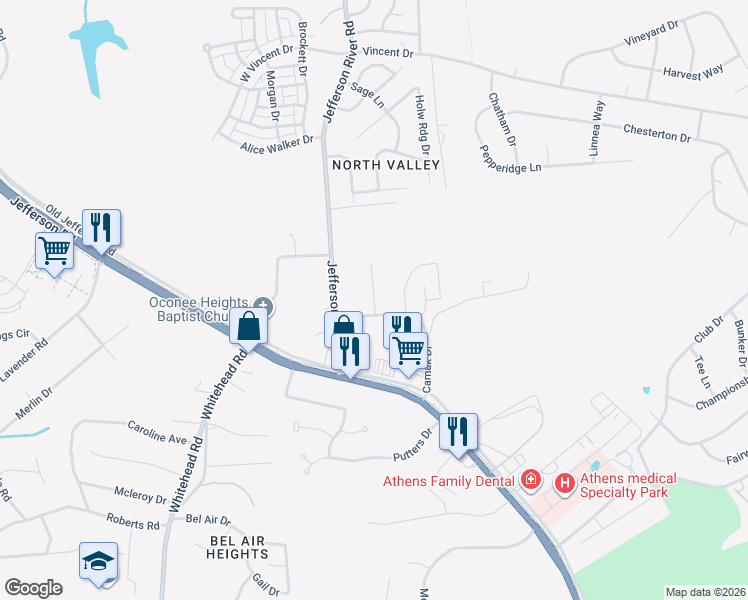 map of restaurants, bars, coffee shops, grocery stores, and more near 124 Canady Drive in Athens