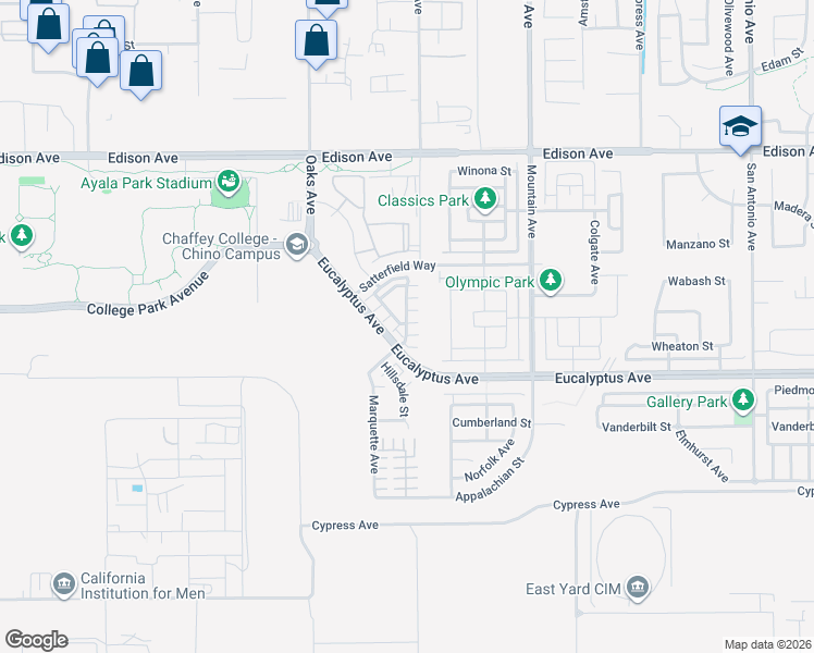 map of restaurants, bars, coffee shops, grocery stores, and more near 14417 Penn Foster Street in Chino