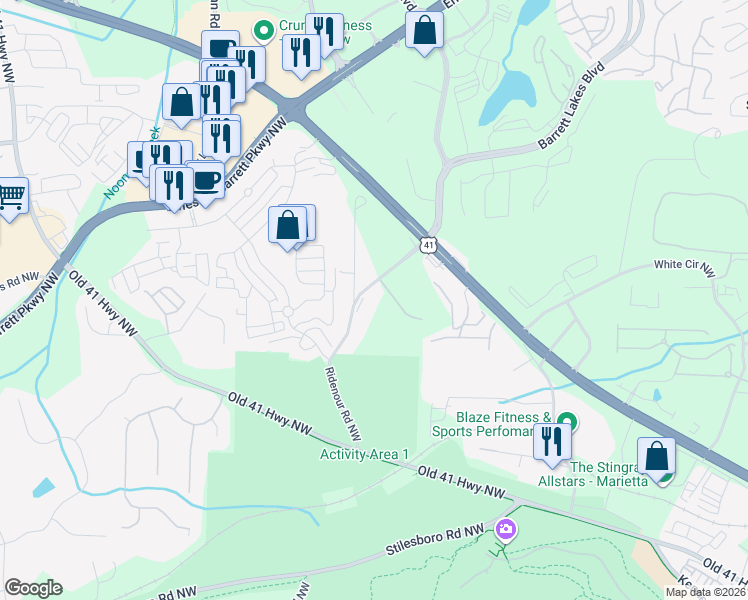 map of restaurants, bars, coffee shops, grocery stores, and more near 1604 Greers Chapel Road Northwest in Kennesaw