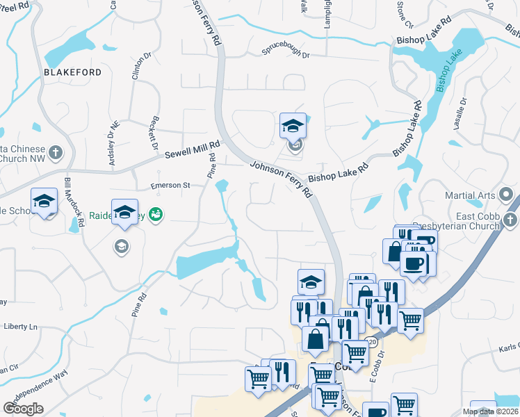 map of restaurants, bars, coffee shops, grocery stores, and more near 1598 Old Hunters Trce in Marietta