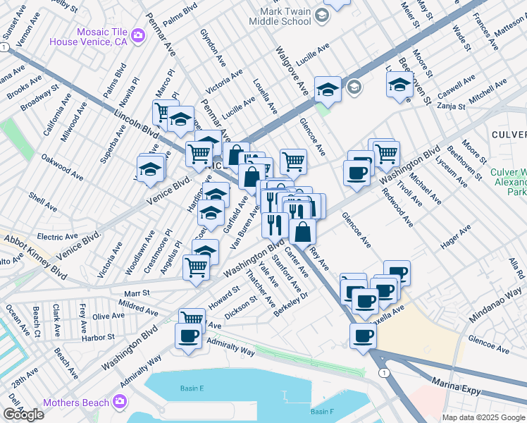 map of restaurants, bars, coffee shops, grocery stores, and more near 2533 California 1 in Los Angeles
