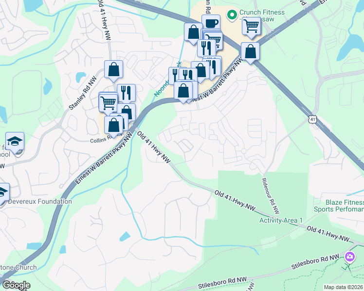 map of restaurants, bars, coffee shops, grocery stores, and more near 1532 Endurance Hill Drive Northwest in Kennesaw