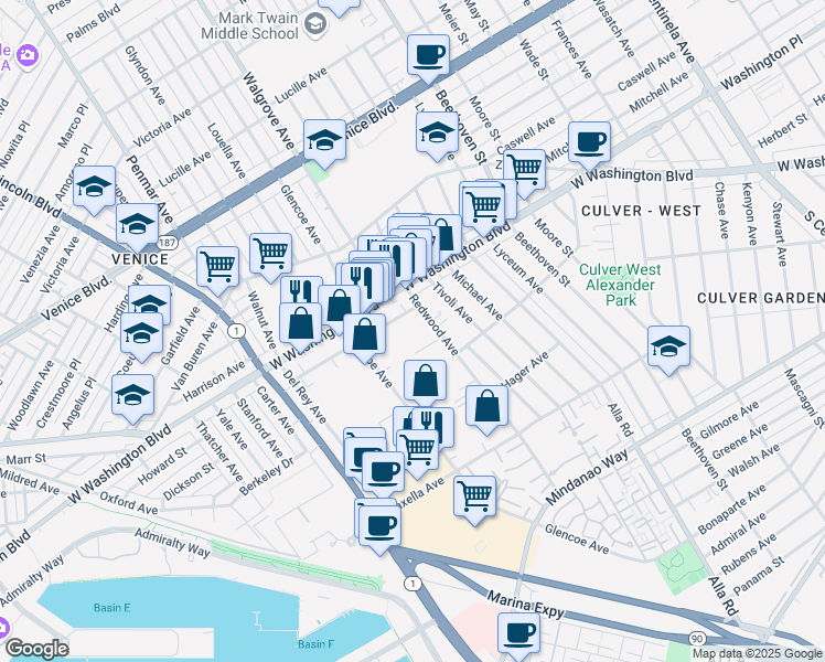 map of restaurants, bars, coffee shops, grocery stores, and more near 4055 Redwood Avenue in Marina del Rey