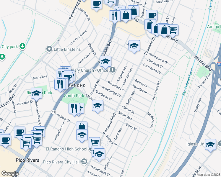 map of restaurants, bars, coffee shops, grocery stores, and more near 9227 Rosehedge Drive in Pico Rivera
