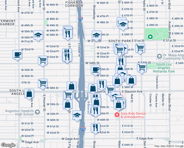 map of restaurants, bars, coffee shops, grocery stores, and more near 317 West 56th Street in Los Angeles