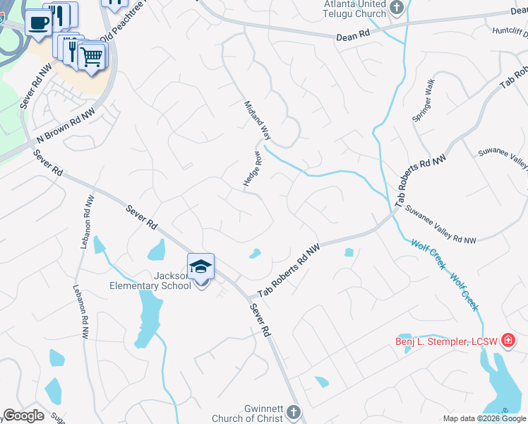 map of restaurants, bars, coffee shops, grocery stores, and more near 1160 Steeple Run in Lawrenceville