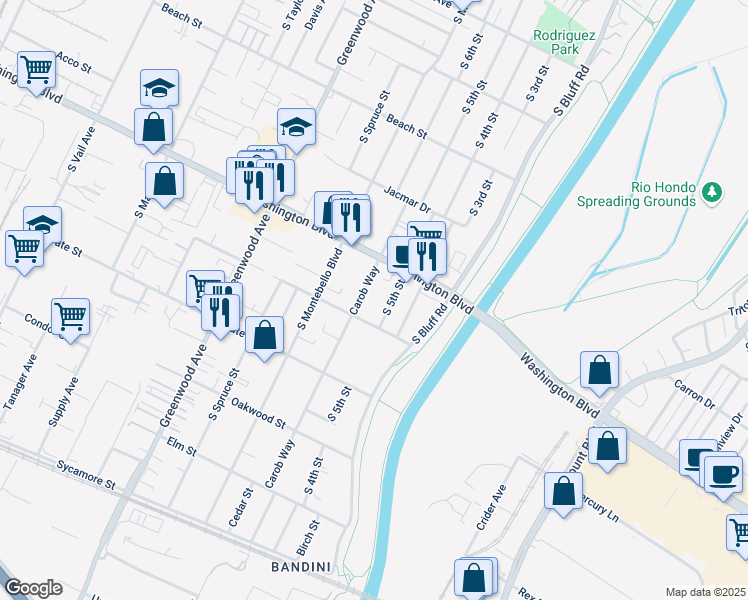 map of restaurants, bars, coffee shops, grocery stores, and more near 1036 Carob Way in Montebello