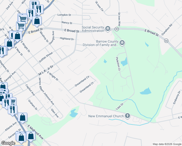 map of restaurants, bars, coffee shops, grocery stores, and more near 240 Dreamland Circle in Winder