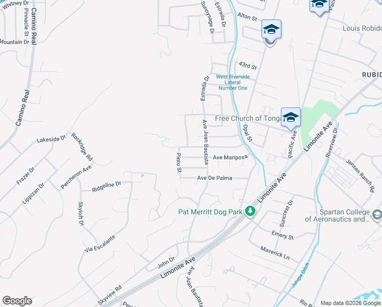 map of restaurants, bars, coffee shops, grocery stores, and more near 6657 Avenue Mariposa in Riverside