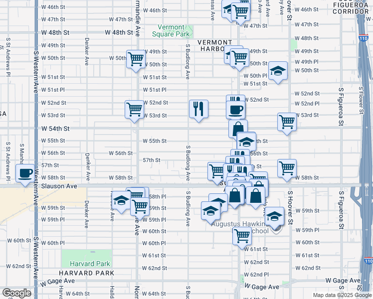 map of restaurants, bars, coffee shops, grocery stores, and more near 1201 West 56th Street in Los Angeles
