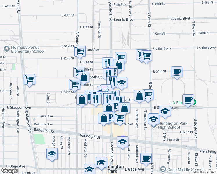 map of restaurants, bars, coffee shops, grocery stores, and more near 5605 Pacific Boulevard in Huntington Park