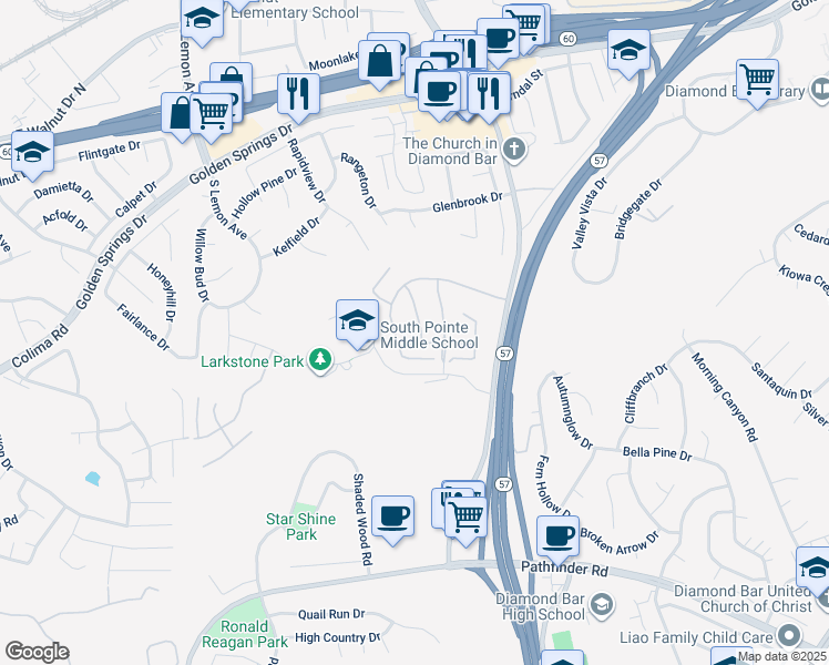 map of restaurants, bars, coffee shops, grocery stores, and more near 1569 Silver Lane in Diamond Bar