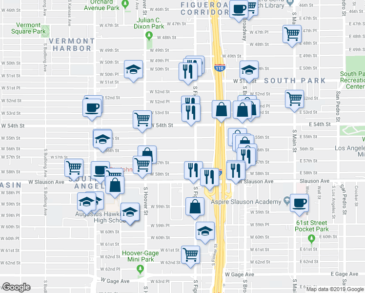 map of restaurants, bars, coffee shops, grocery stores, and more near 529 West 56th Street in Los Angeles