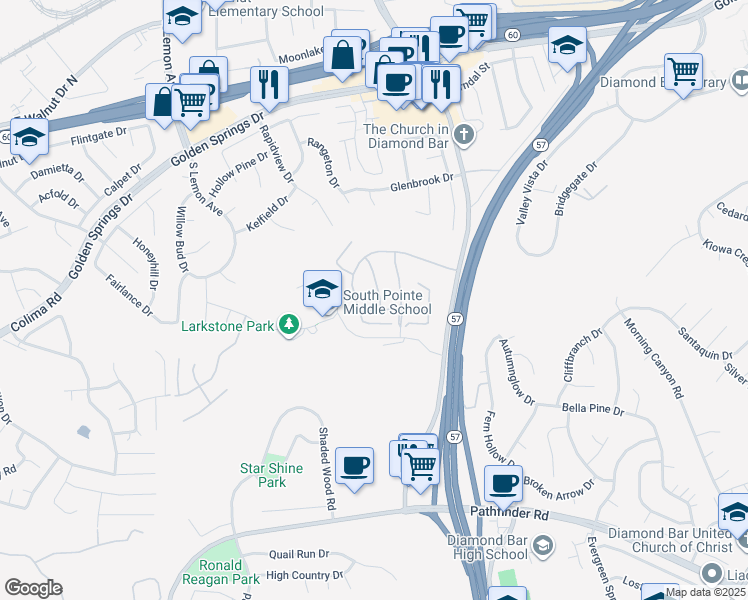 map of restaurants, bars, coffee shops, grocery stores, and more near 1569 Silver Lane in Diamond Bar