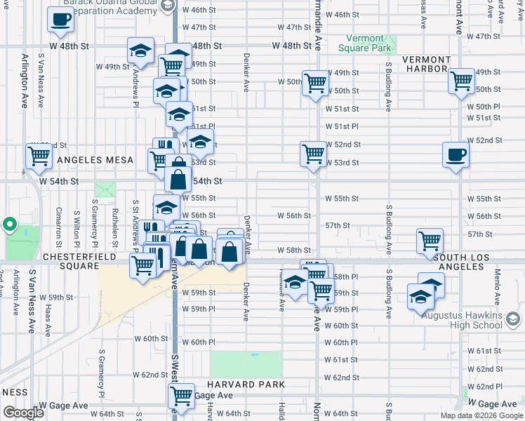 map of restaurants, bars, coffee shops, grocery stores, and more near 1539 West 56th Street in Los Angeles