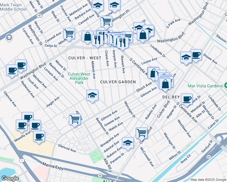 map of restaurants, bars, coffee shops, grocery stores, and more near 4320 Chase Avenue in Los Angeles