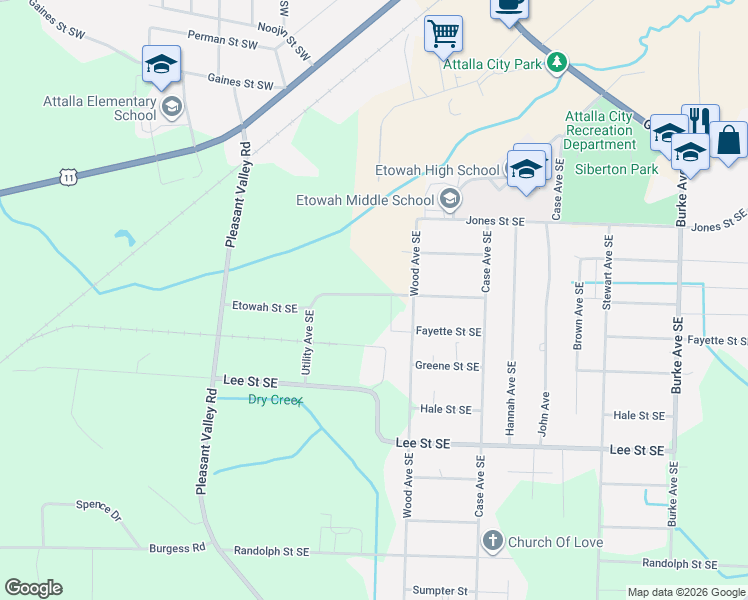 map of restaurants, bars, coffee shops, grocery stores, and more near 215 Etowah Street Southeast in Attalla